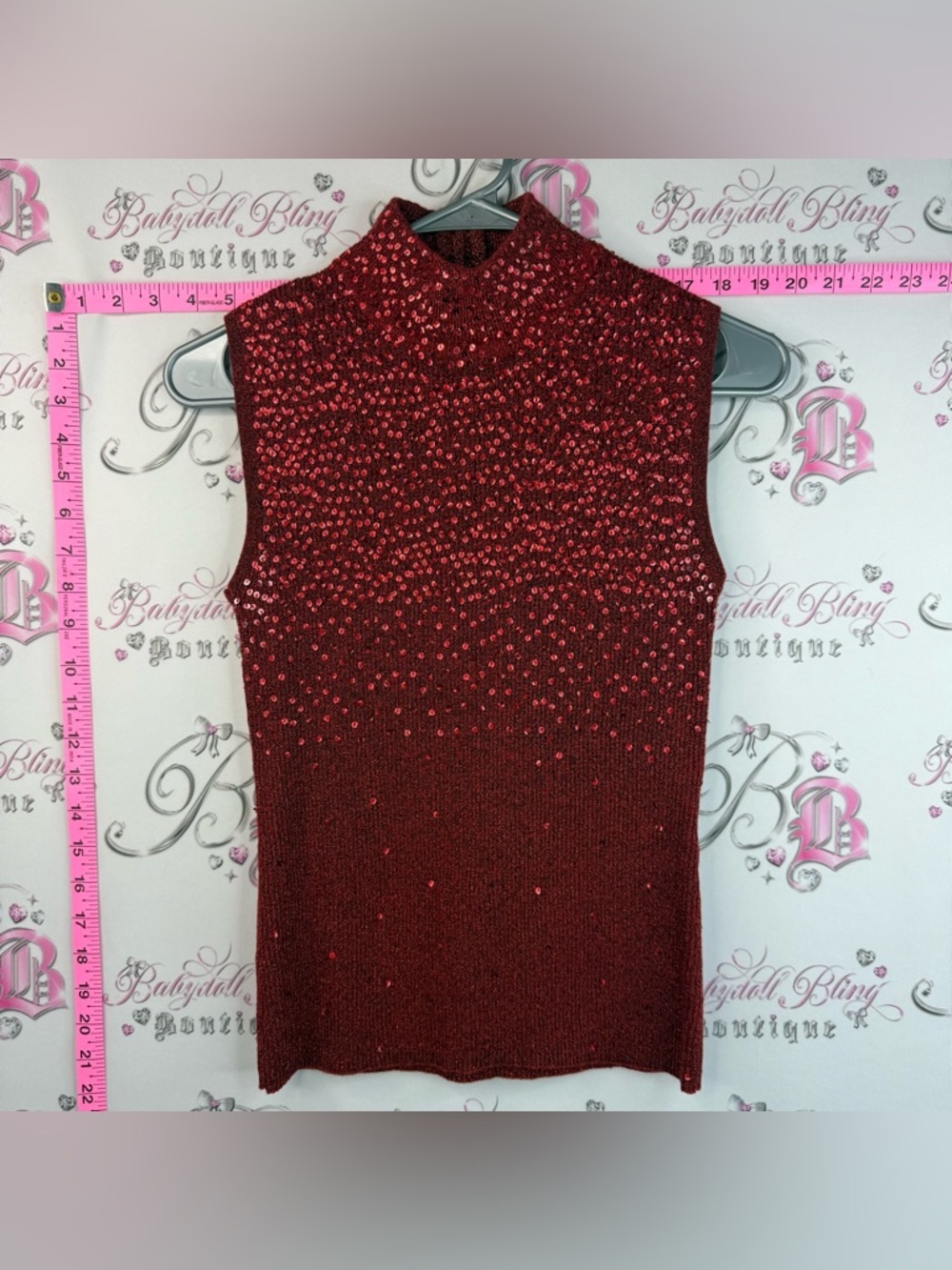 TanJay tank top sparkly, sequins Red Beaded Mock Neck Sleeveless Tank Top